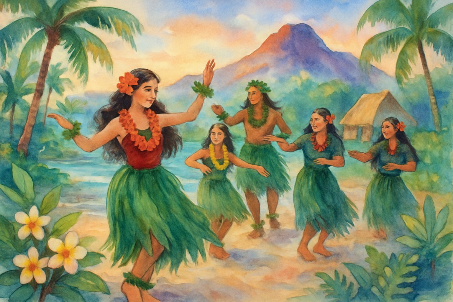 A group of Hawaiian dancers performing on a beach surrounded by tropical plants, with mountains and a hut in the background.