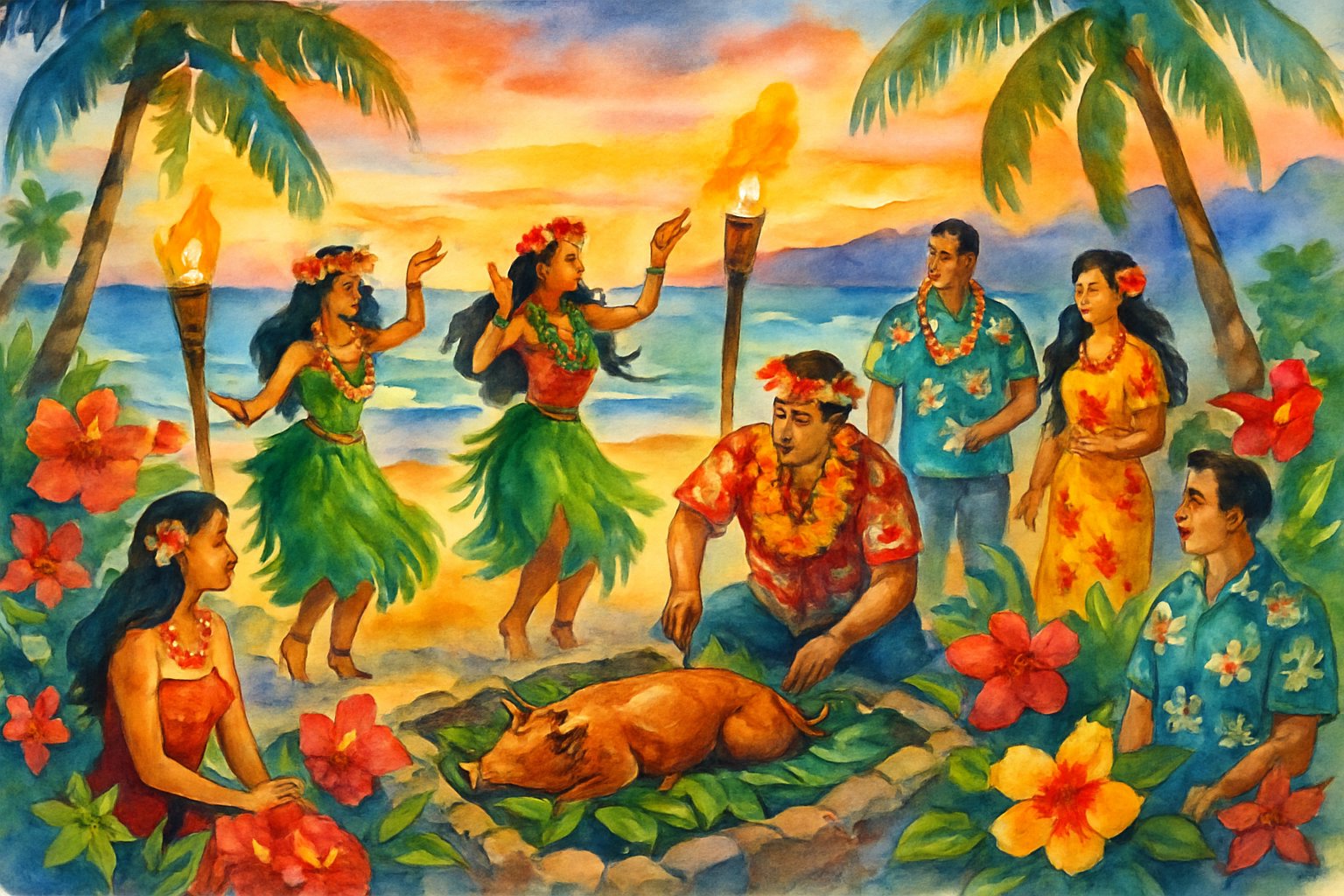 People in traditional Hawaiian clothing gathered on a beach at sunset, with dancers performing hula near a roasting pig and tropical plants surrounding them.