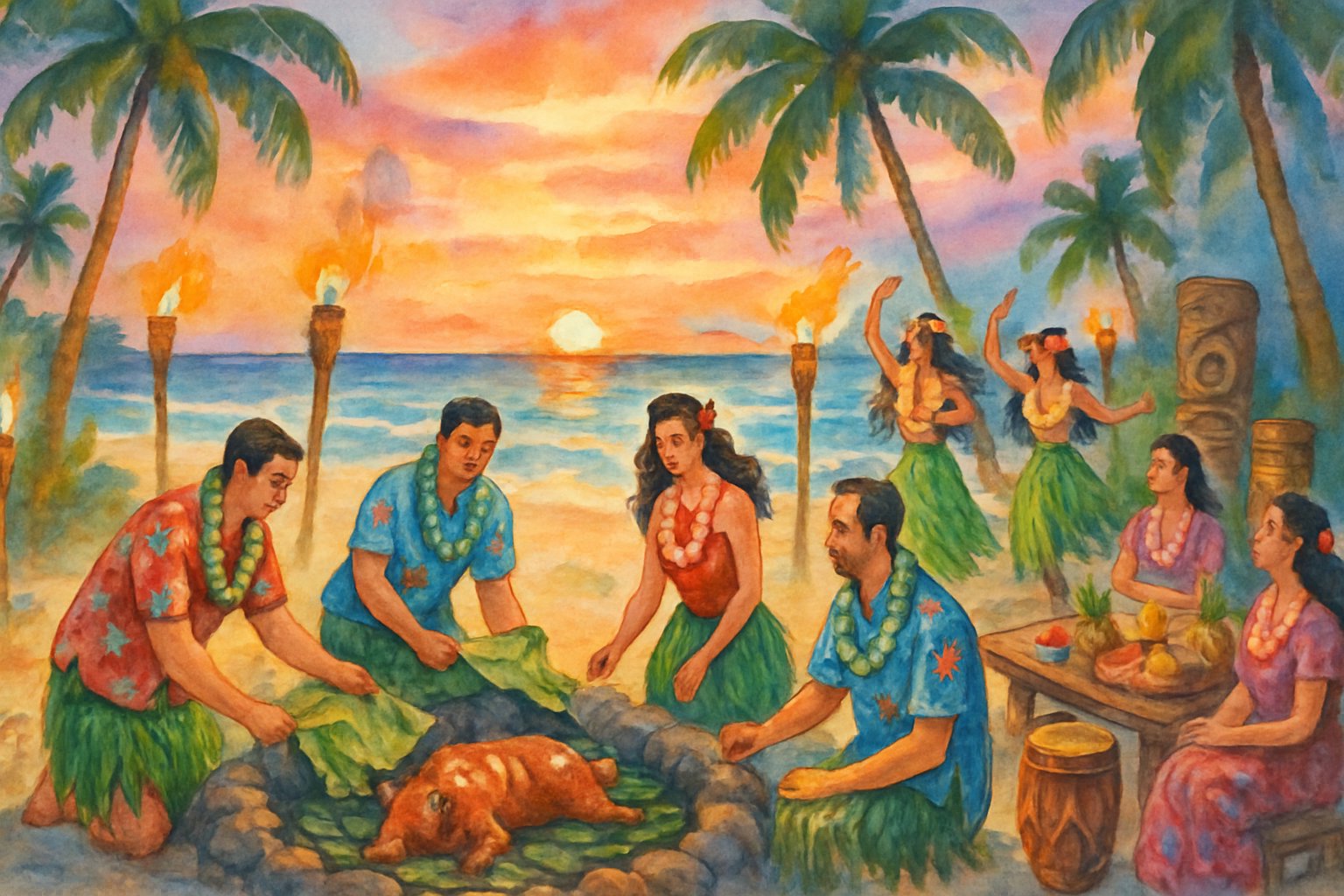 People in Hawaiian clothing gather on a beach at sunset, watching dancers and enjoying a traditional feast with palm trees and ocean in the background.