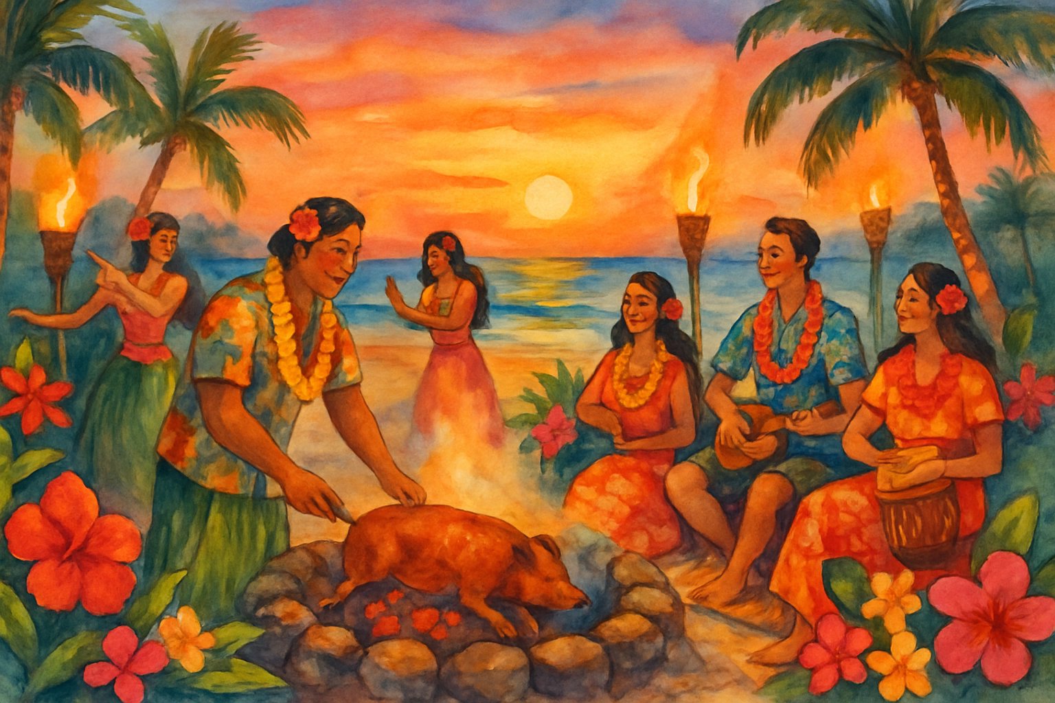 People in traditional Hawaiian clothing gathered on a beach at sunset, with a fire pit, musicians playing drums and ukuleles, and dancers performing hula surrounded by palm trees and tropical flowers.
