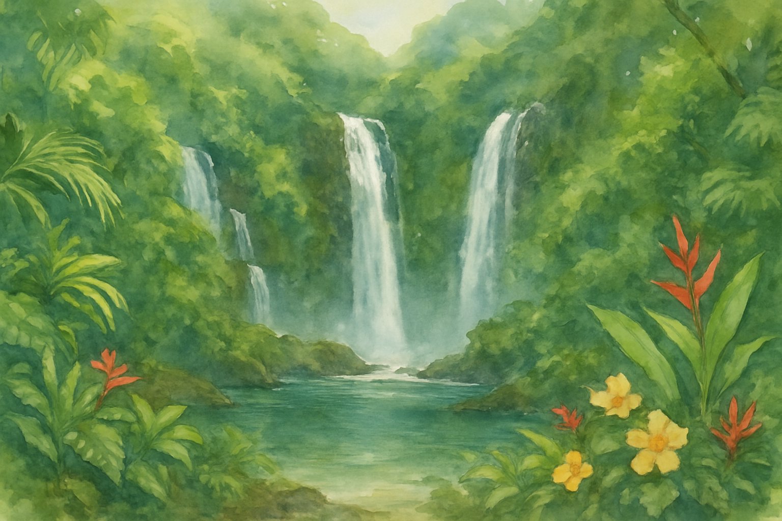 A tropical scene with waterfalls flowing down cliffs into a clear pool surrounded by lush green plants and trees.