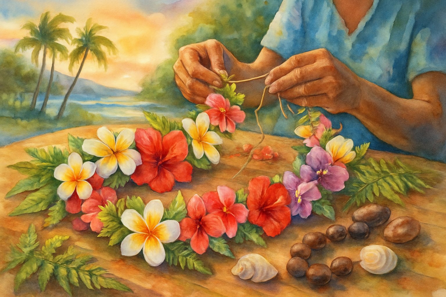 An artisan making a lei with tropical flowers and leaves in a Hawaiian landscape with palm trees and ocean in the background.