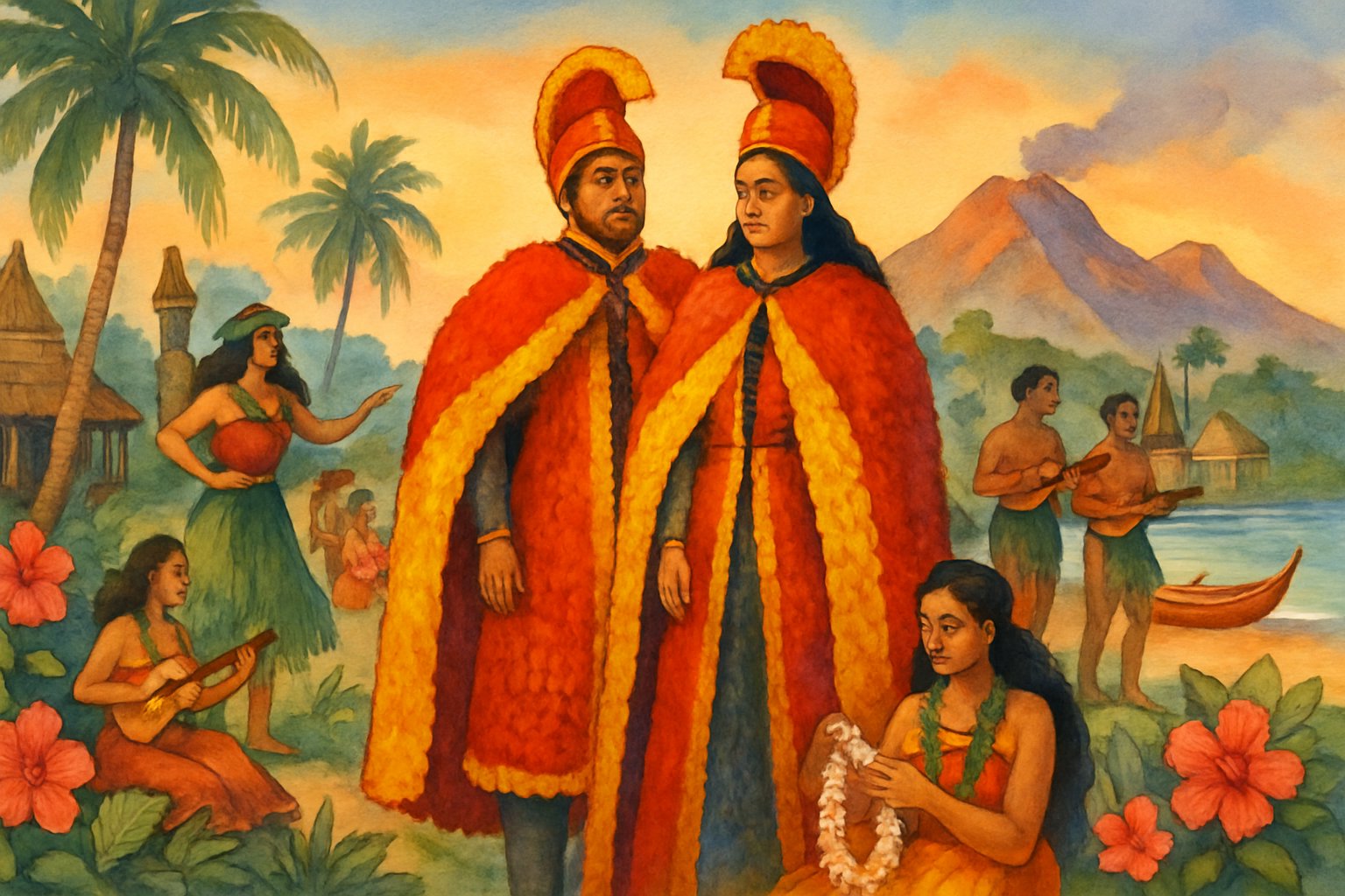 A Hawaiian king and queen in traditional royal clothing stand in a tropical landscape with palm trees and mountains, surrounded by people dancing, playing music, and making leis near the shoreline.