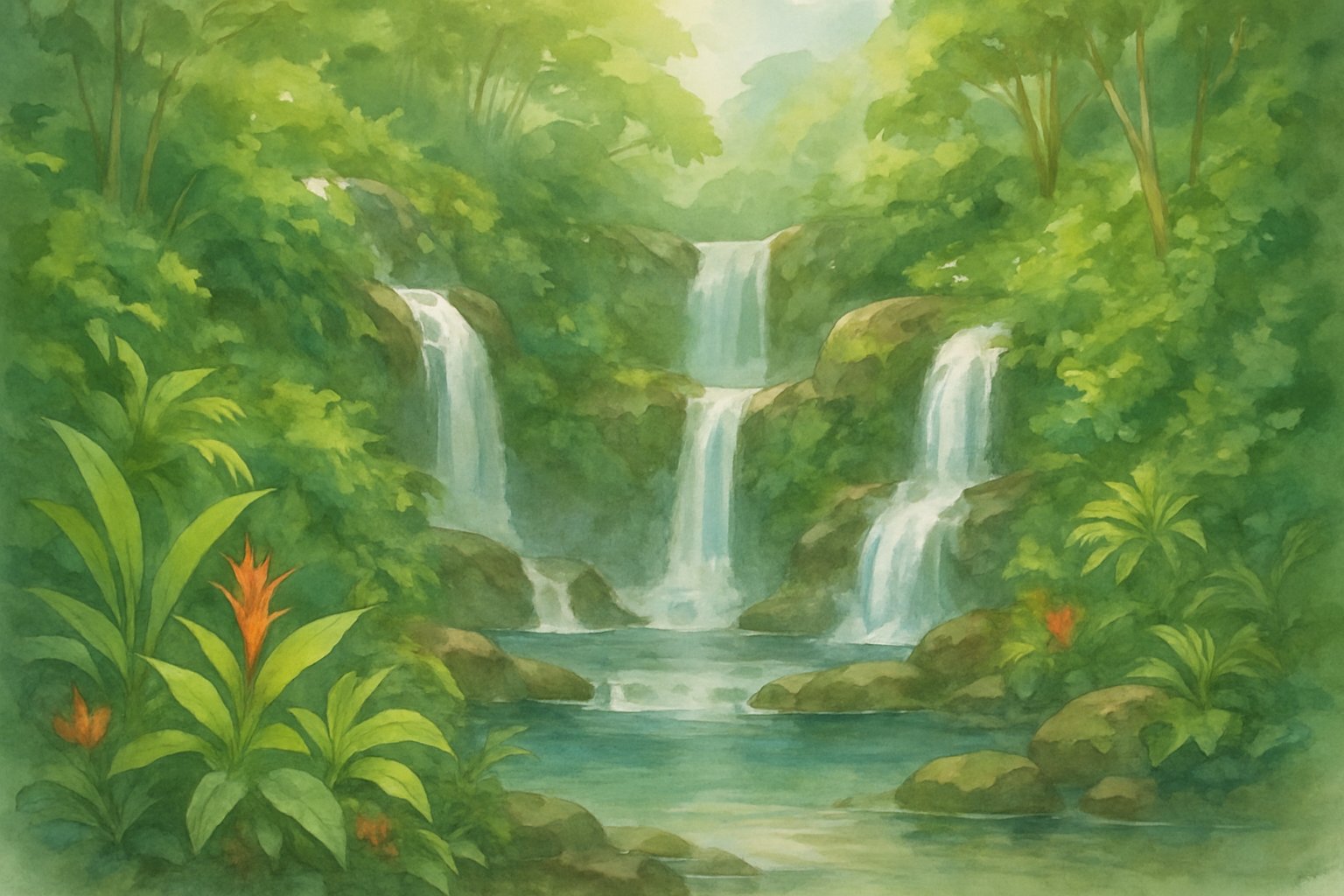 A peaceful tropical scene with waterfalls flowing down cliffs into clear pools, surrounded by dense green plants and trees.