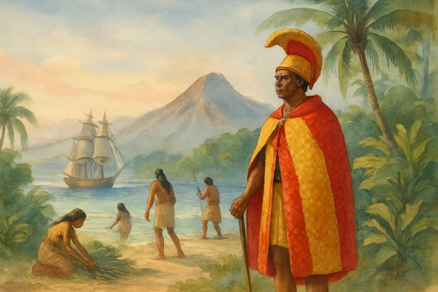 A Hawaiian royal figure stands on a tropical shore with native people nearby as Western sailing ships approach in the distance, set against mountains and palm trees.