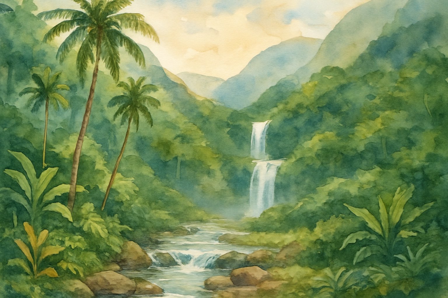 A tropical landscape with multiple waterfalls cascading through lush green vegetation and rocky cliffs under soft sunlight.