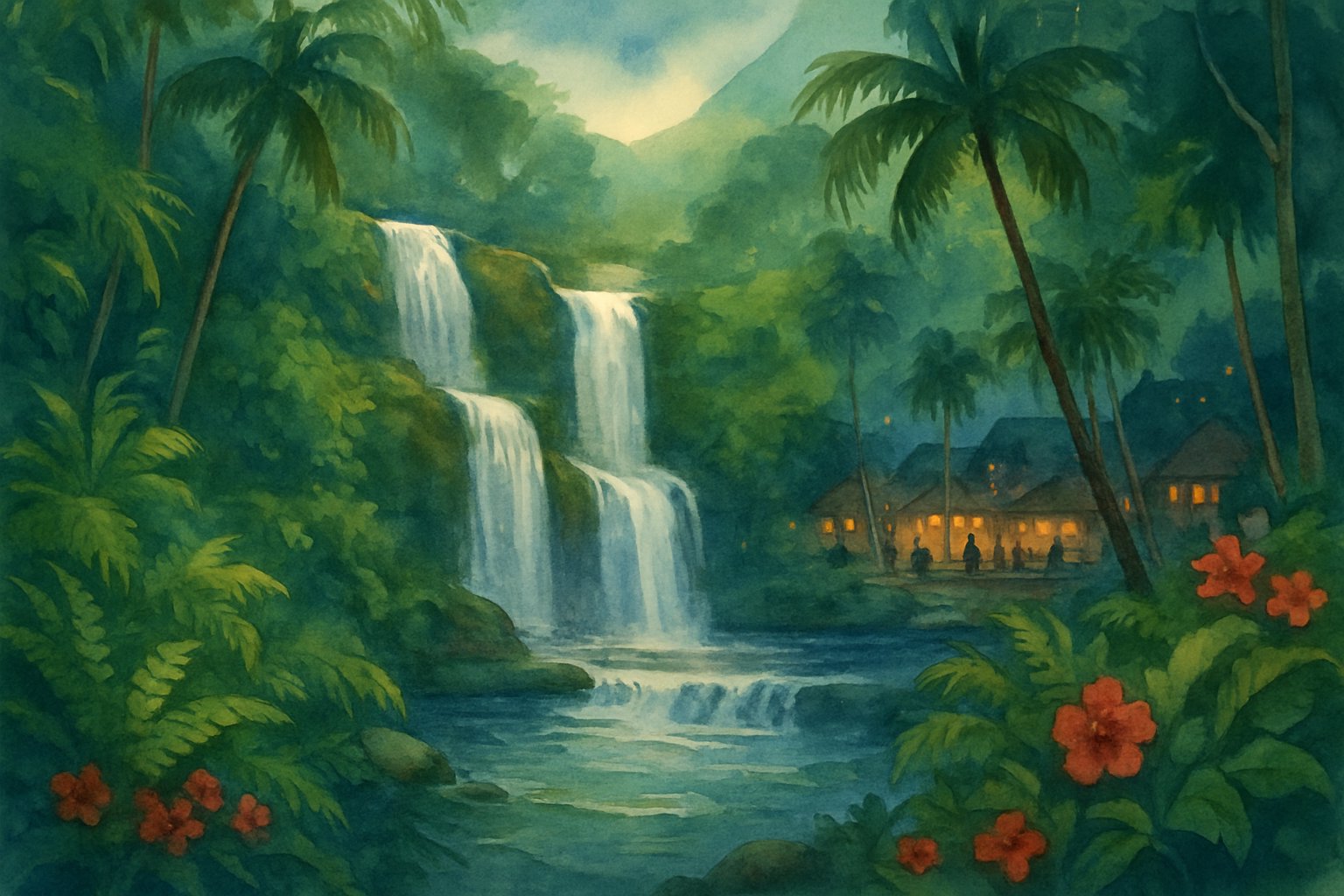 A peaceful scene of waterfalls surrounded by tropical plants with soft light and distant glowing lanterns near a small village.