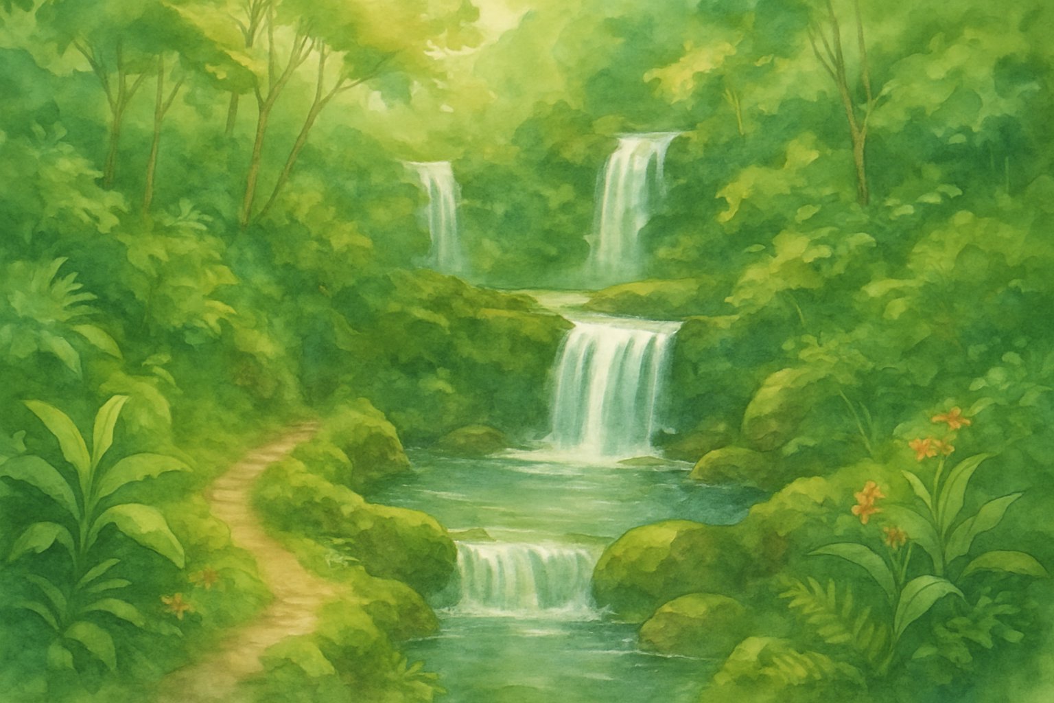 A peaceful tropical scene showing waterfalls flowing into clear pools surrounded by dense green plants and trees with a small trail winding through the forest.