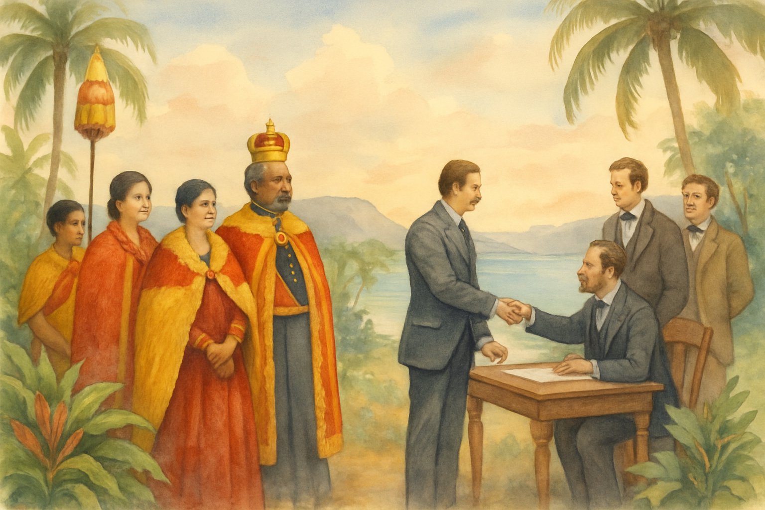 A group of Hawaiian royalty and representatives of the Republic of Hawaii meet in a tropical landscape with palm trees and ocean in the background, symbolizing a historical transition.