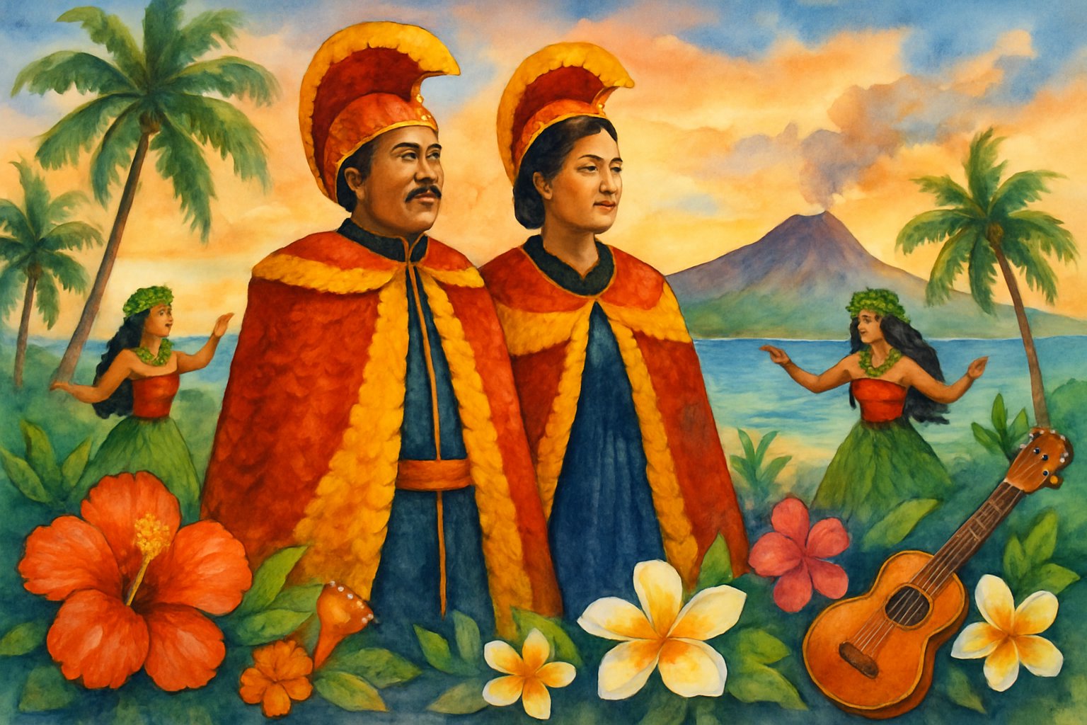 A Hawaiian king and queen in traditional royal attire standing in a tropical landscape with mountains, ocean, and native plants around them.