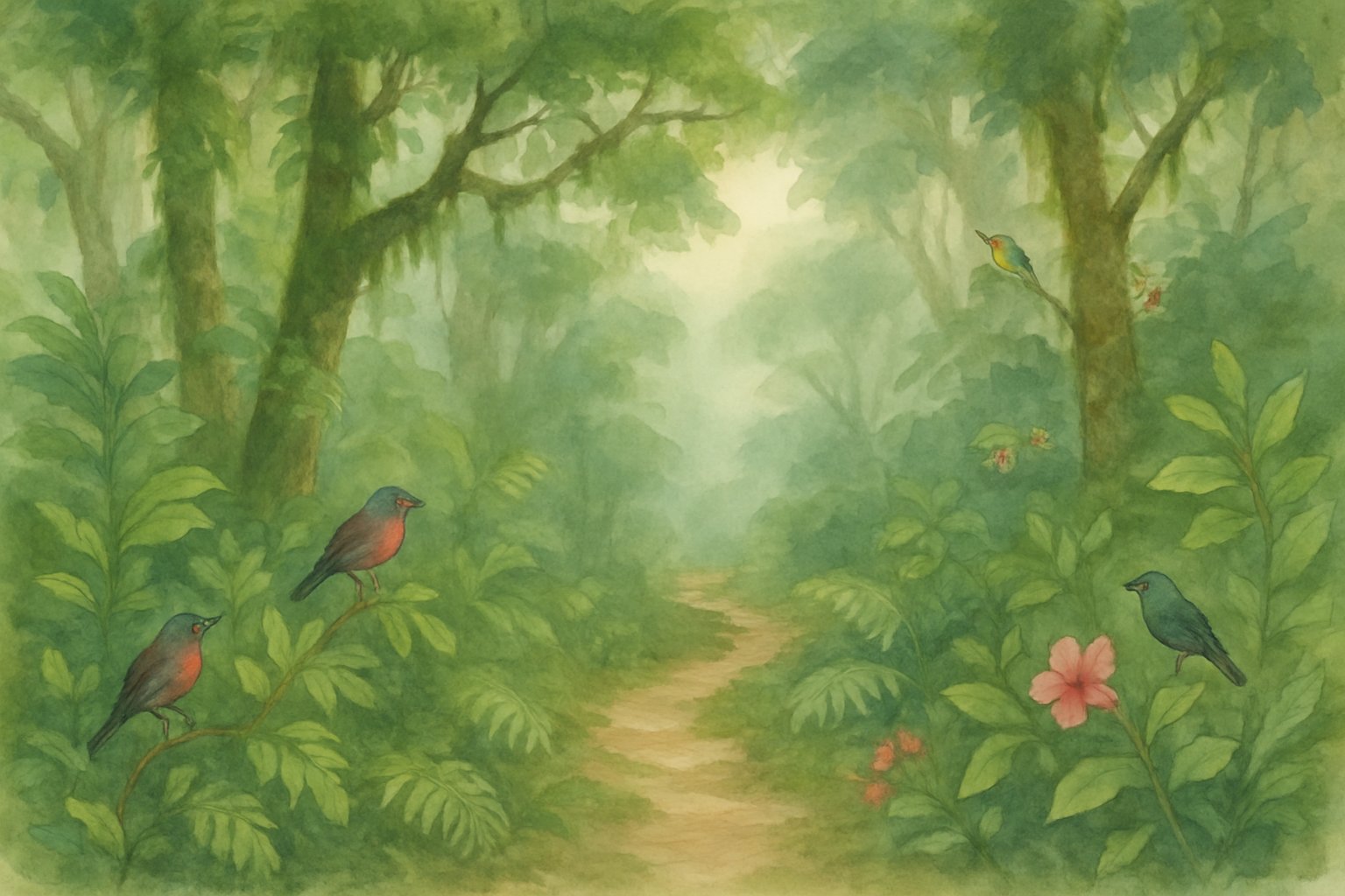A peaceful forest scene with tall trees, green plants, a winding path, colorful birds, and mist in the background.