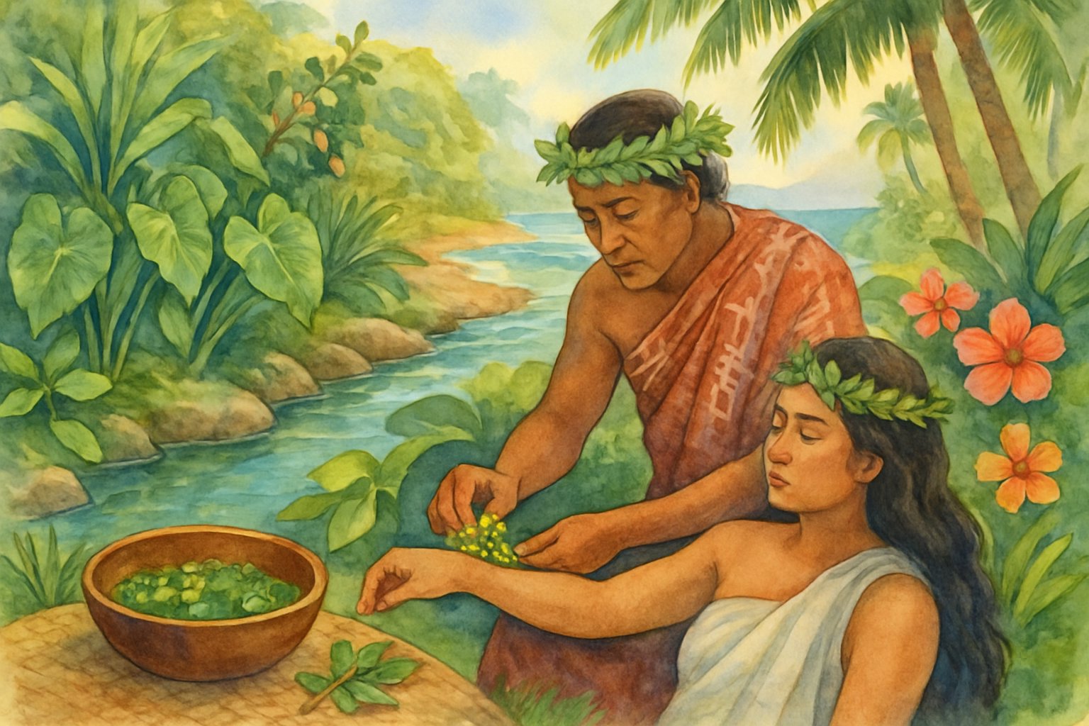 A Hawaiian healer applies medicinal herbs to a person’s arm beside a freshwater stream surrounded by tropical plants and flowers near the ocean shore.
