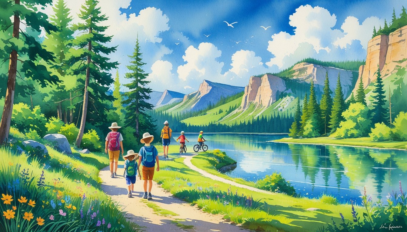 A family hiking and biking along trails surrounded by trees, wildflowers, a lake, and mountains on a clear summer day.