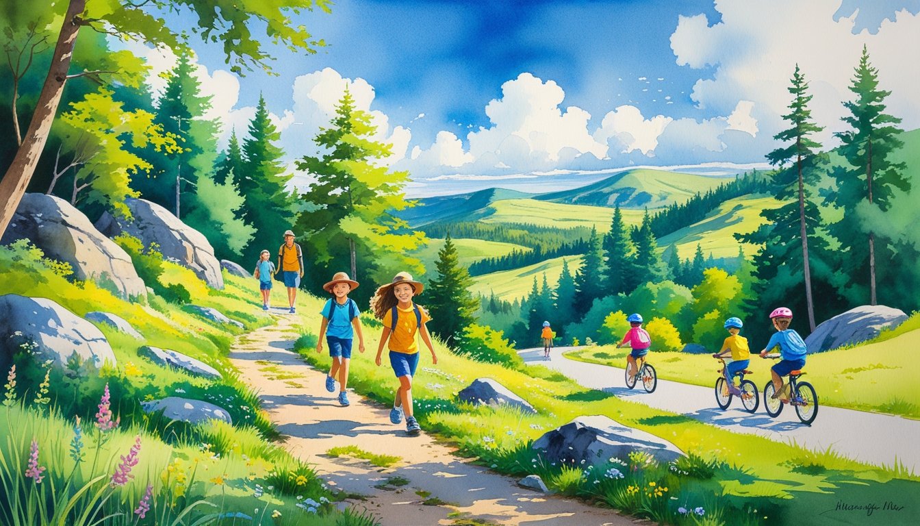 A family hiking and biking together on trails surrounded by trees, wildflowers, and hills in a national park.