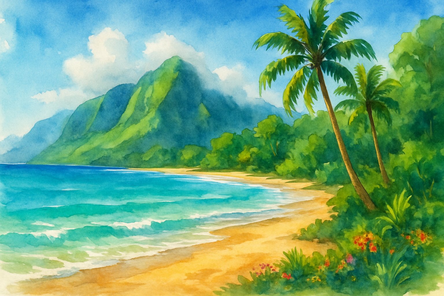 A peaceful beach with clear turquoise water, golden sand, palm trees, tropical plants, and green mountains in the background.