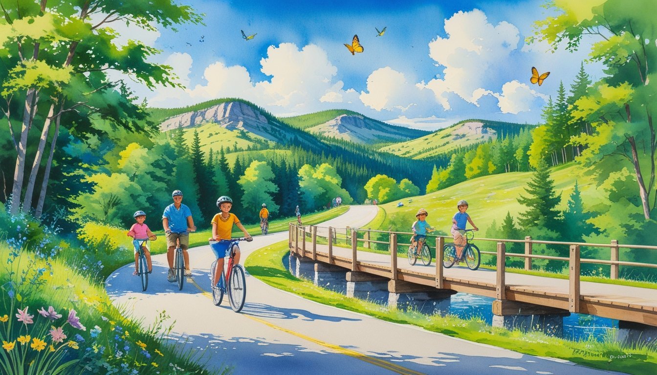 A family with children biking on a forested path beside a stream with hills in the background on a sunny day.
