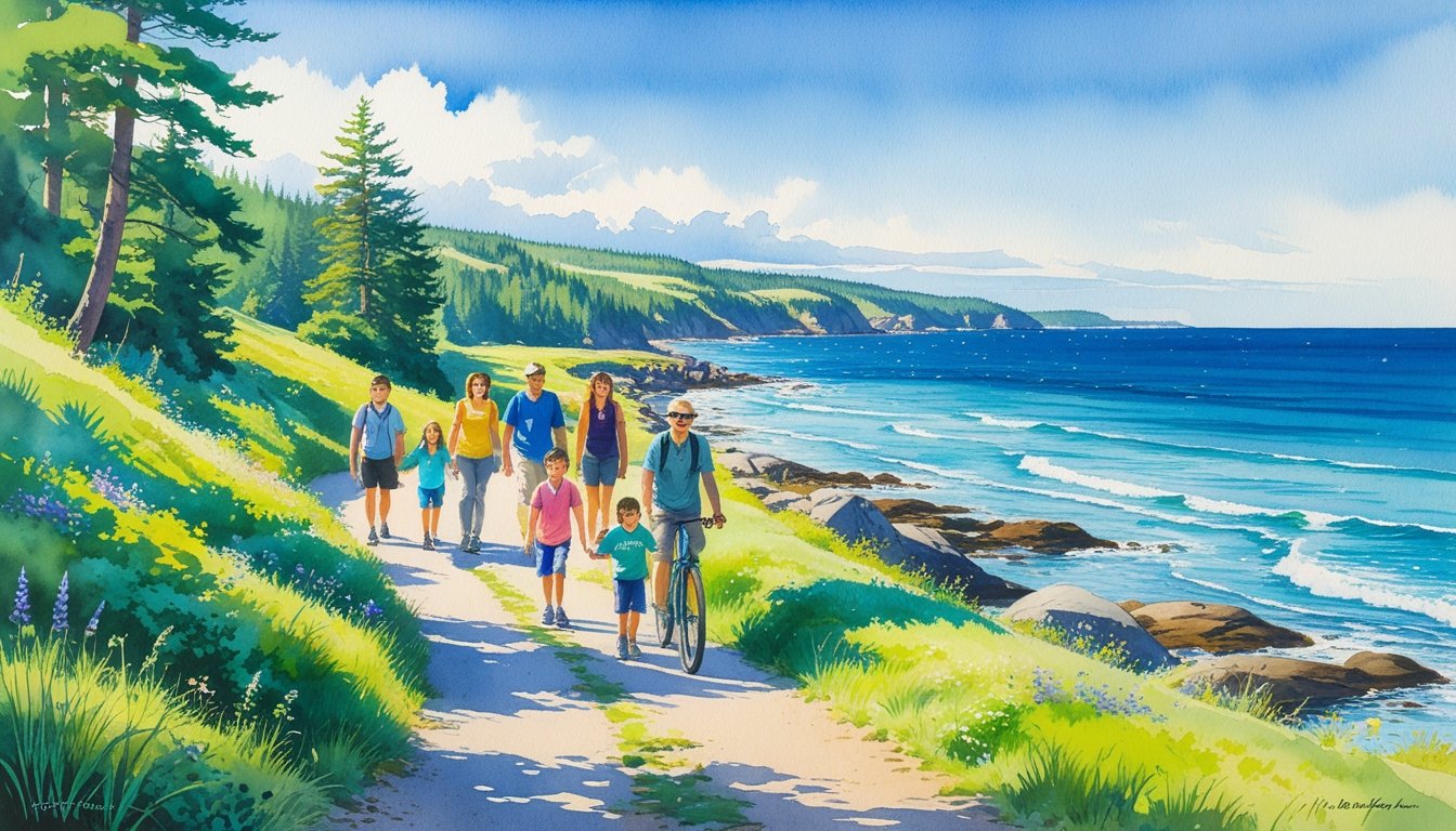 A family hiking and biking along a coastal trail surrounded by trees, wildflowers, and the ocean on a sunny day.