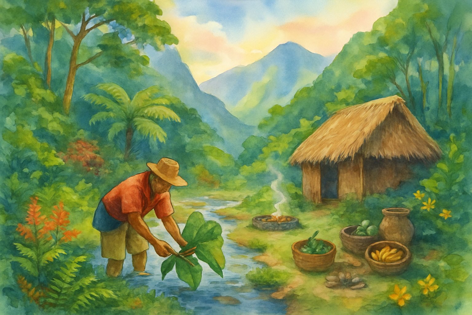 A tropical forest landscape with a farmer harvesting taro near a stream, a wooden hut, and misty mountains in the background.