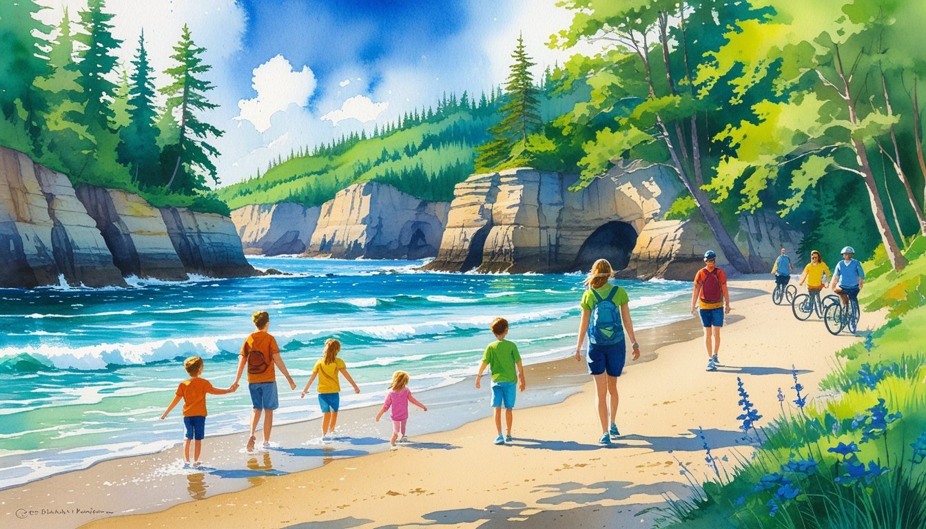 Families swimming, playing, hiking, and biking at a beach surrounded by trees and rocky cliffs.
