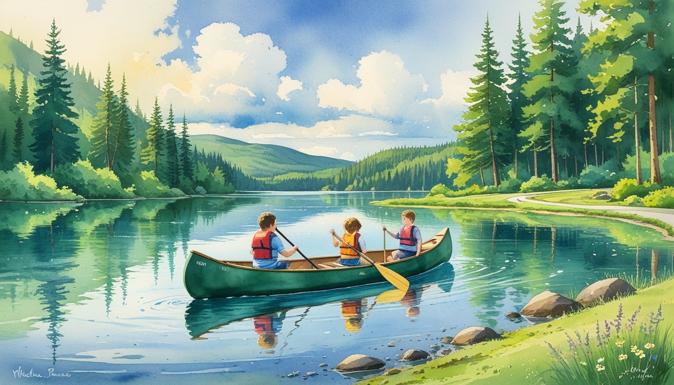 A family paddling a canoe on a calm lake surrounded by trees and hills with a bike path and hiking trails along the shore.