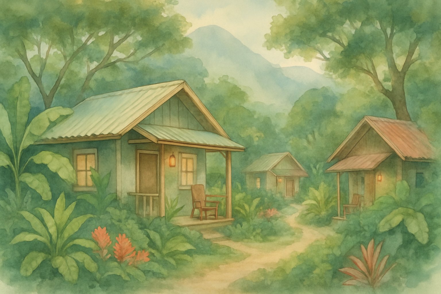 Cozy cabins surrounded by lush tropical plants and trees with misty mountains in the background.