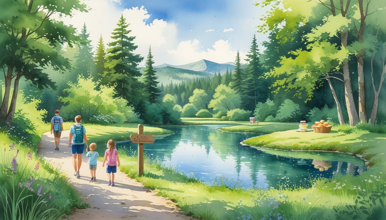 A family hiking along a forest trail beside a calm pond with mountains in the background and a picnic area nearby.