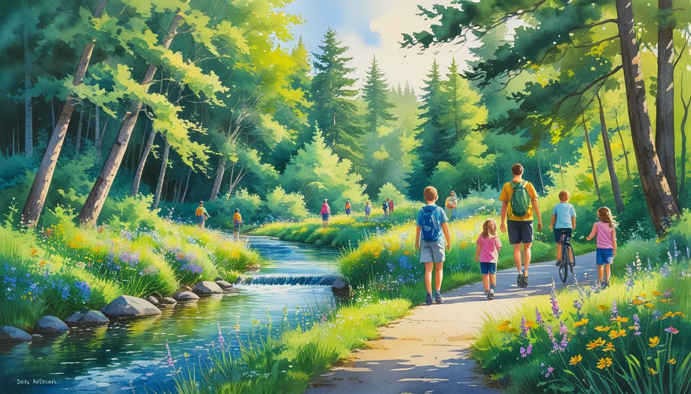 Families hiking and biking near a spring surrounded by wildflowers and trees in a lush forest setting.
