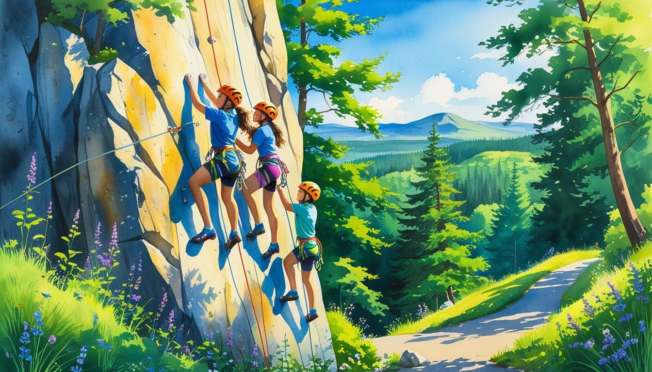 A family climbing a rock face with a guide in a forested mountain park on a sunny day, with a bike path and hiking trail visible nearby.