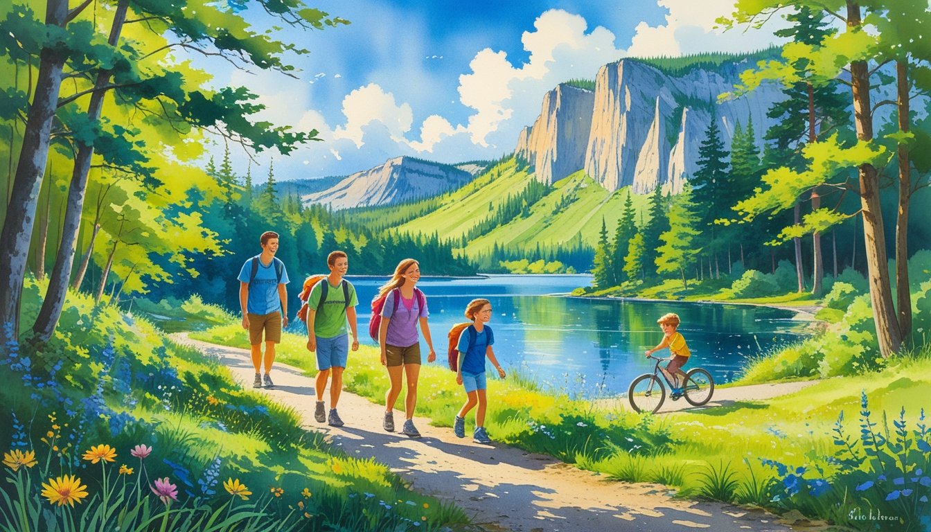 A family hiking and biking along a forest trail near a lake with hills and cliffs in the background on a sunny summer day.