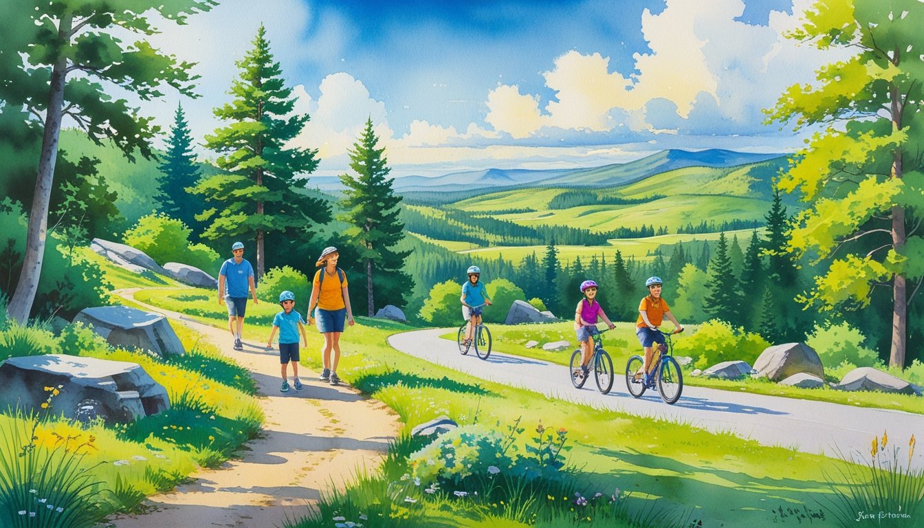 A family hiking and biking together on safe, accessible trails in a green forested park with hills and a clear sky.