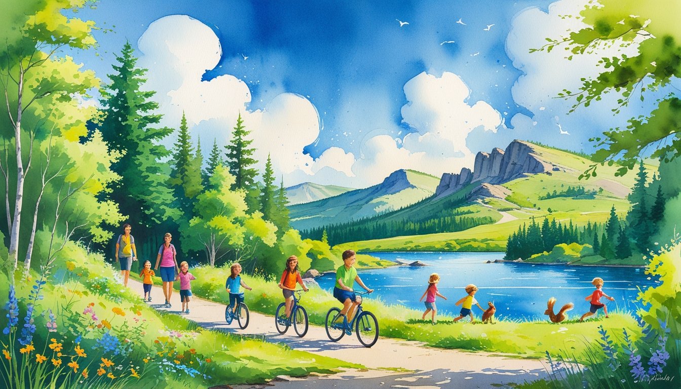 Families with children hiking and biking on trails surrounded by trees, hills, and a lake on a sunny summer day in Acadia National Park.