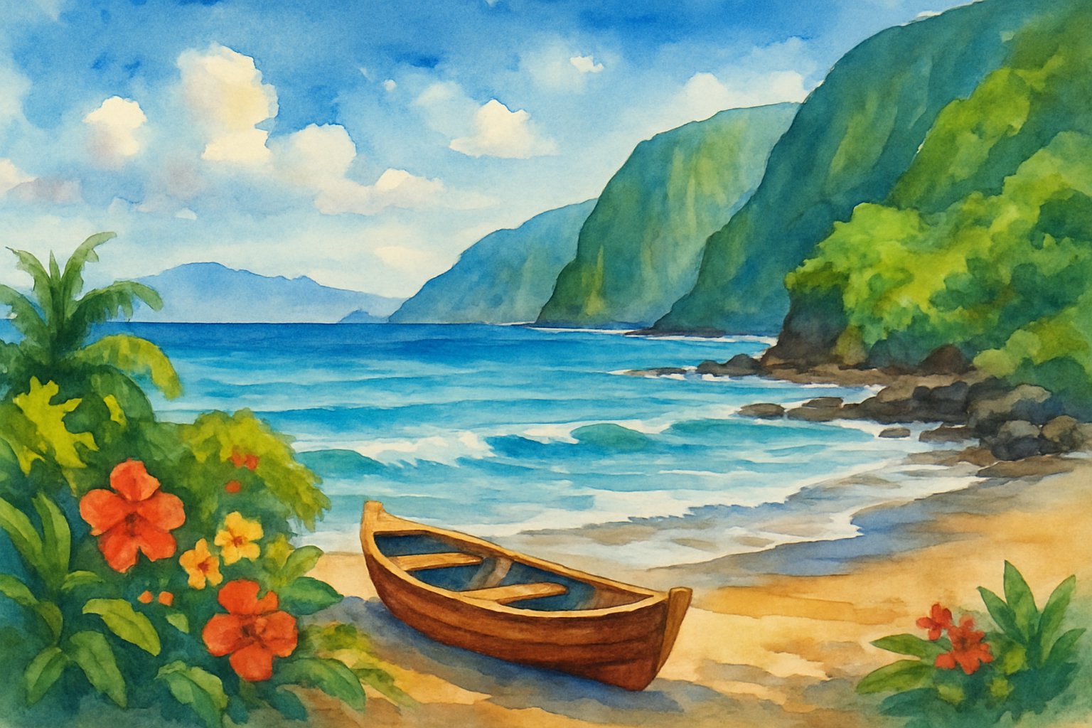 A peaceful coastal scene with rocky shore, green cliffs, a small boat on the sand, tropical plants, distant mountains, and calm ocean under a blue sky.
