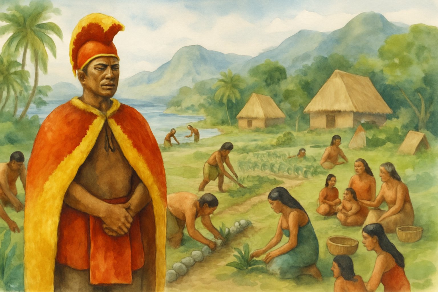A Hawaiian chief stands among community members dividing land and working together near a village surrounded by mountains, ocean, and tropical plants, with families gathering and children playing.