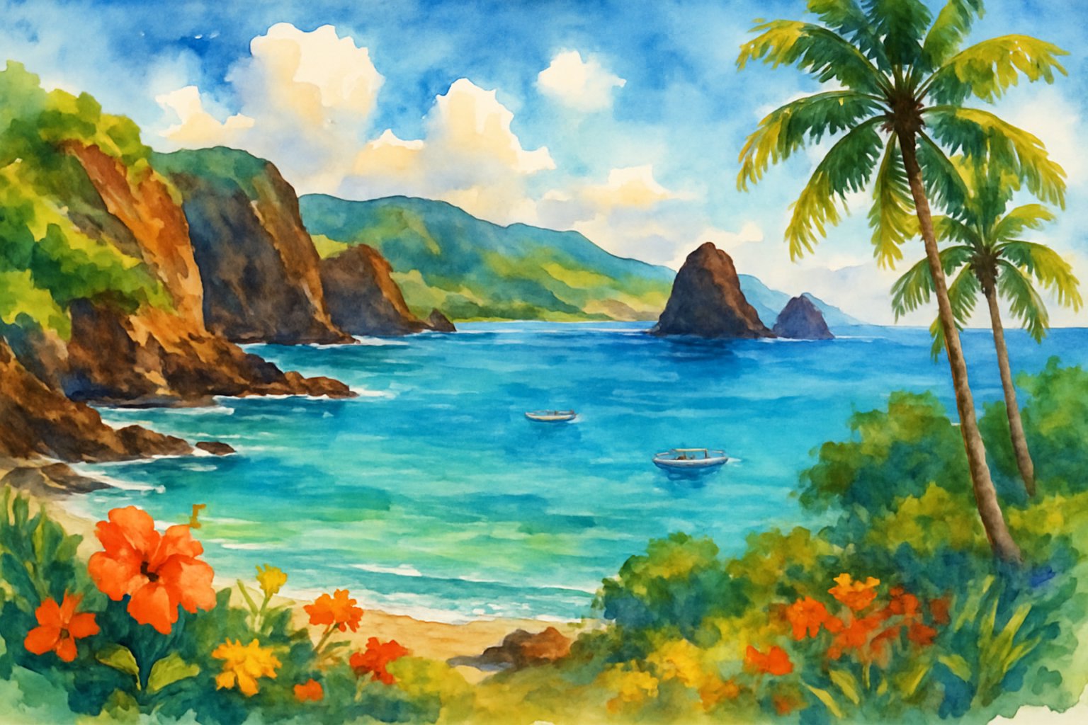 A coastal landscape with turquoise waters, volcanic cliffs, tropical greenery, palm trees, rolling hills, and small boats in a calm bay.