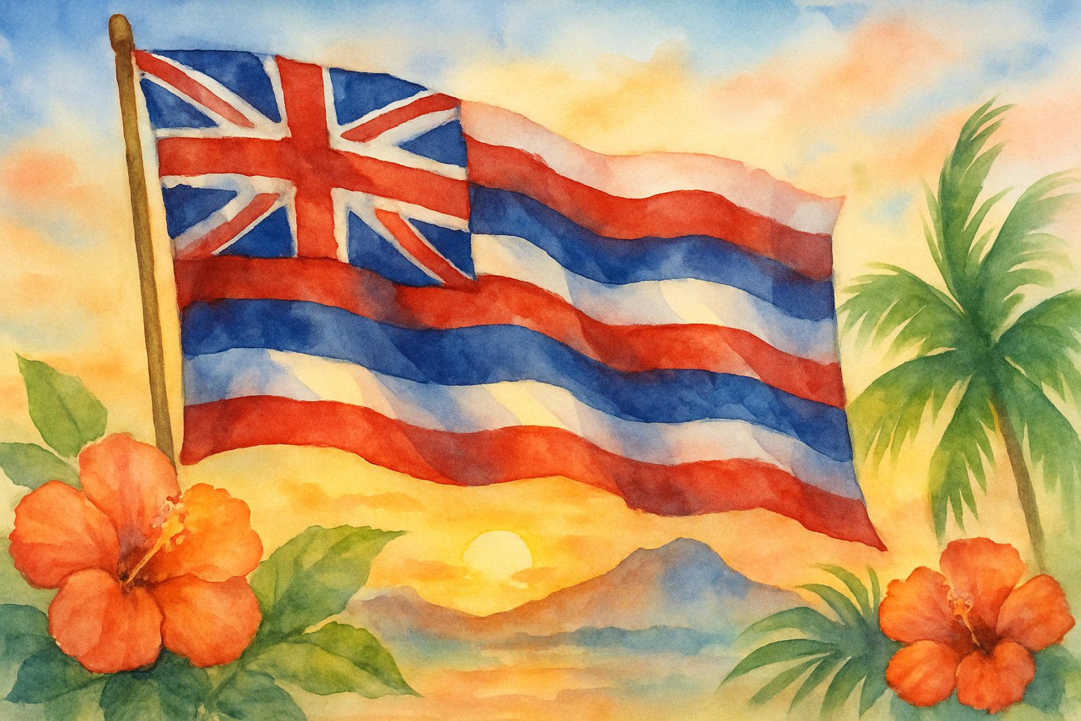 A Hawaiian flag waving with hibiscus flowers, palm leaves, and volcanic mountains in the background.