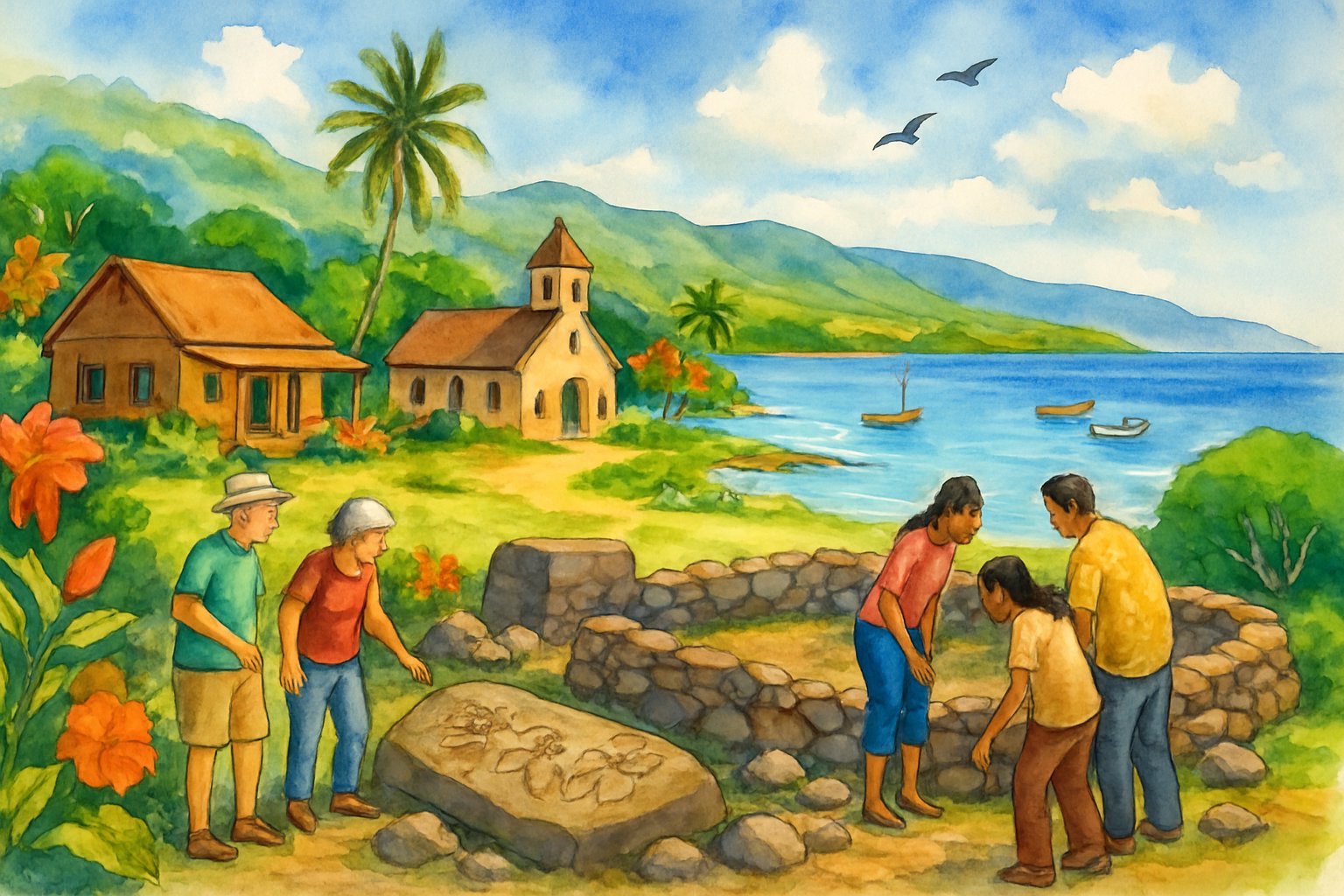 A coastal village with traditional buildings, ancient stone ruins, green hills, ocean, boats, and birds under a blue sky.