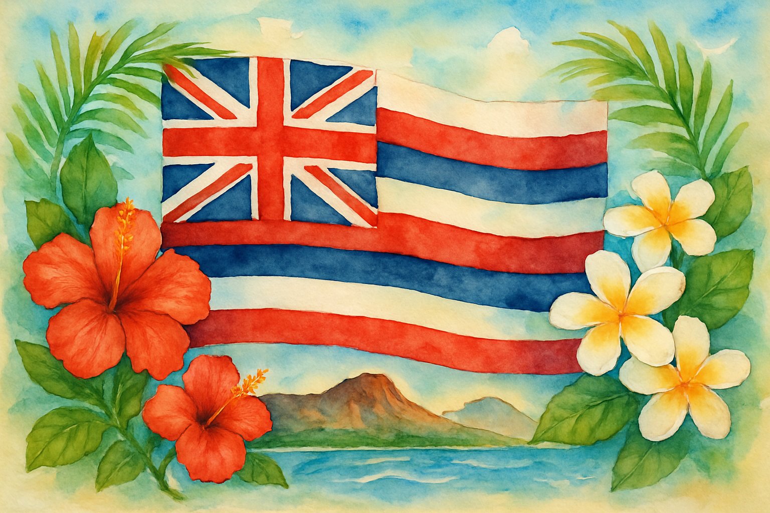 A Hawaiian flag surrounded by tropical flowers, palm leaves, ocean waves, and volcanic mountains.