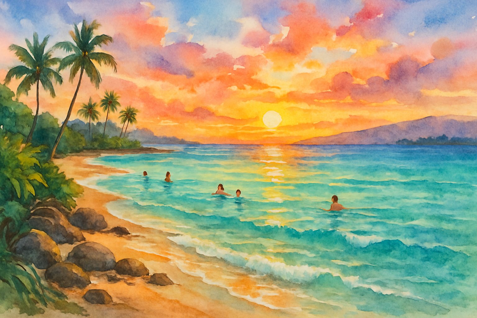 A peaceful beach scene with clear blue water, people swimming, tropical plants, and a colorful sunset over the ocean.