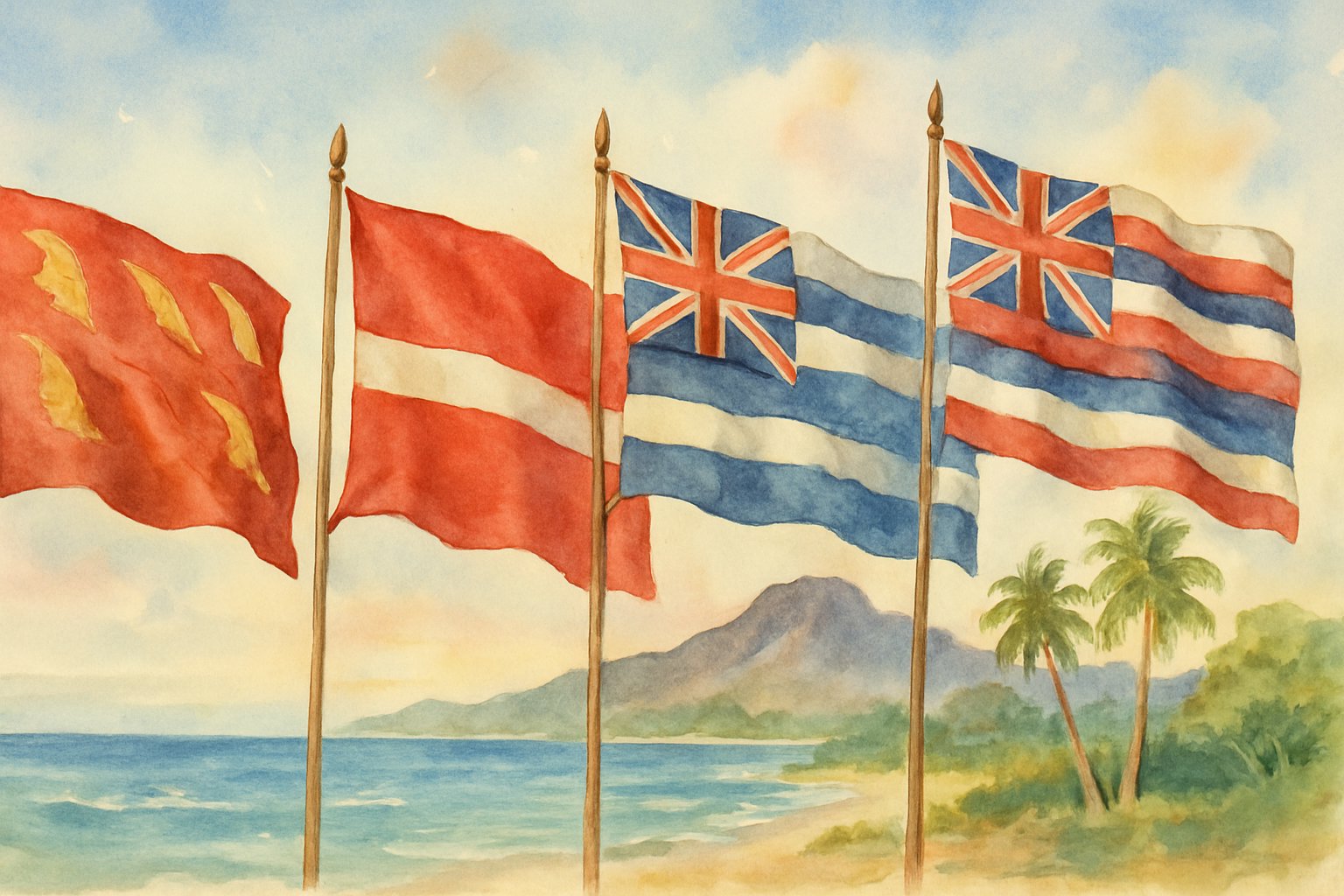A series of Hawaiian flags from different historical periods displayed outdoors with tropical trees, mountains, and the ocean in the background.