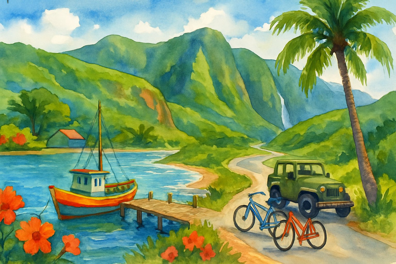 A coastal scene showing a boat by a wooden pier, green hills, a coastal road with a jeep and bicycles, hikers near a waterfall and beach, surrounded by palm trees and tropical flowers.