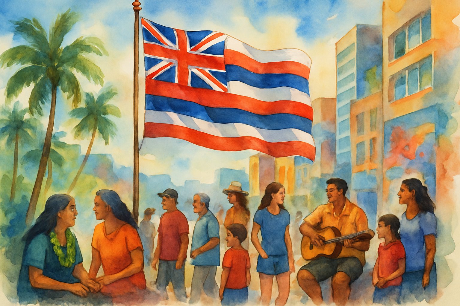 A Hawaiian flag waving outdoors with people of various ages and backgrounds around it, set against a backdrop of palm trees, ocean, and city buildings.