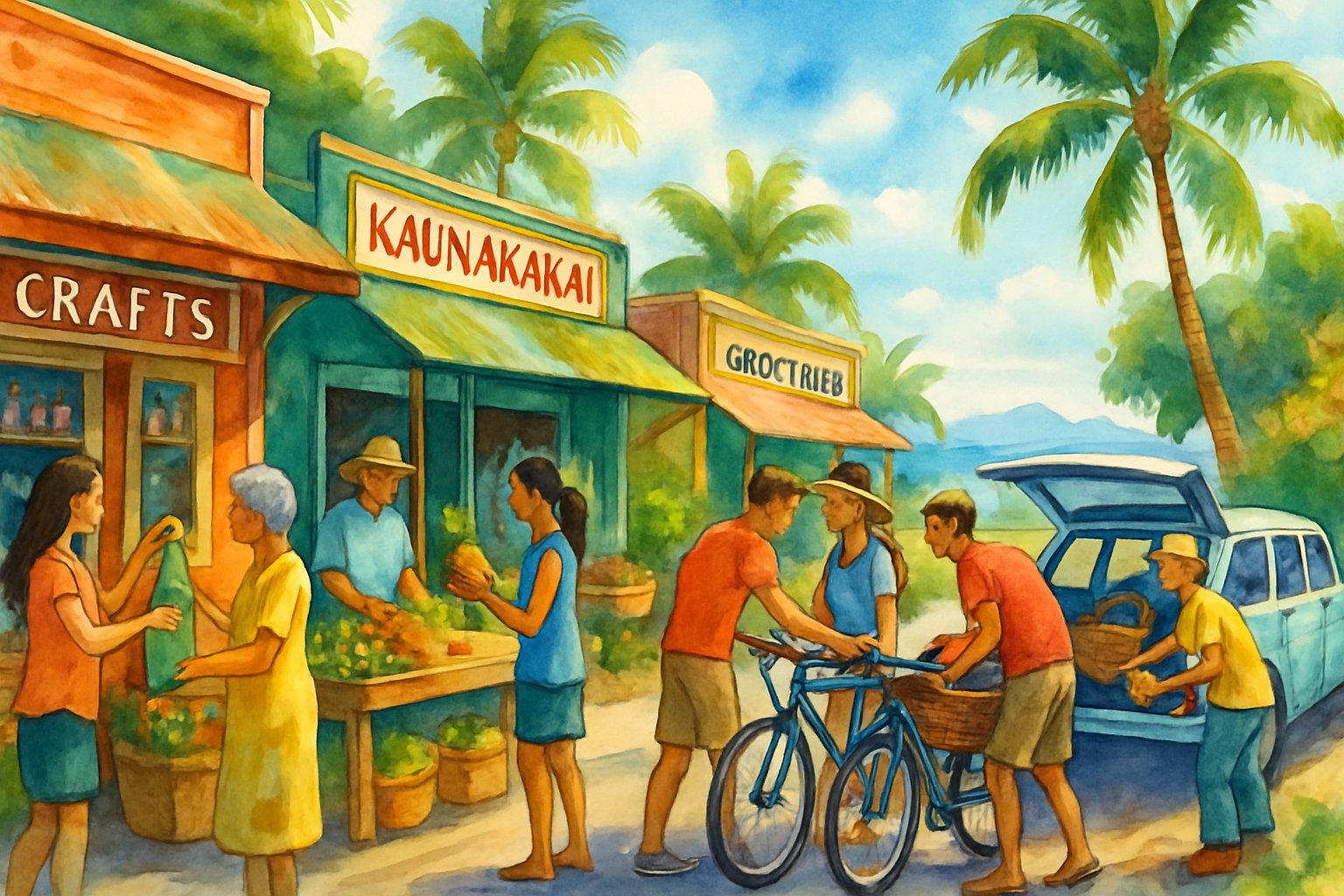 A small tropical town with local shops, people walking and interacting, palm trees, ocean in the background, and friends preparing for a day trip.