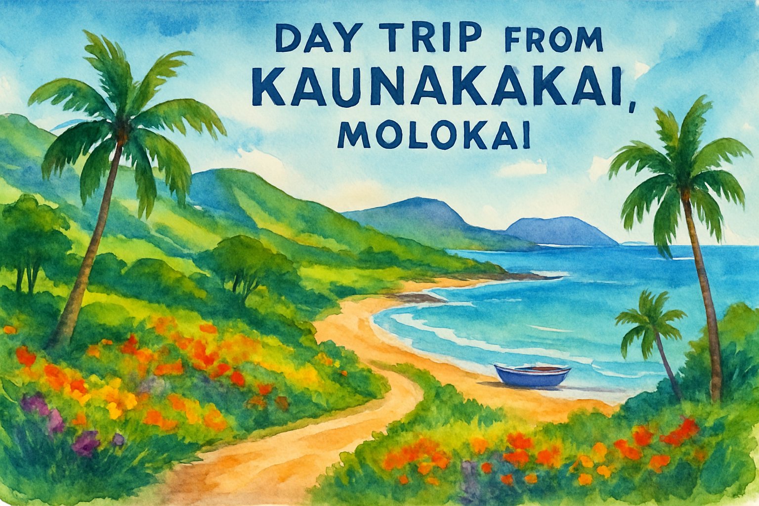 A tropical coastal landscape with green hills, palm trees, a sandy beach, and a small boat near the shore under a clear blue sky.