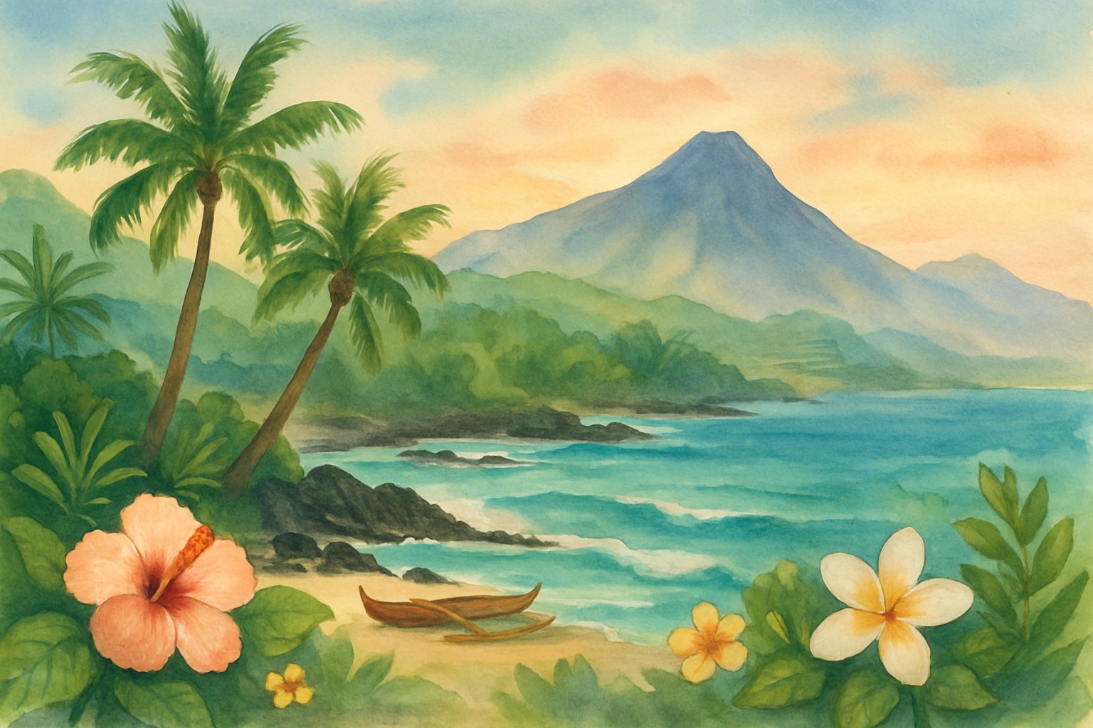 A coastal Hawaiian landscape with turquoise water, black volcanic rocks, palm trees, flowers, and distant mountains under a soft sunrise sky.