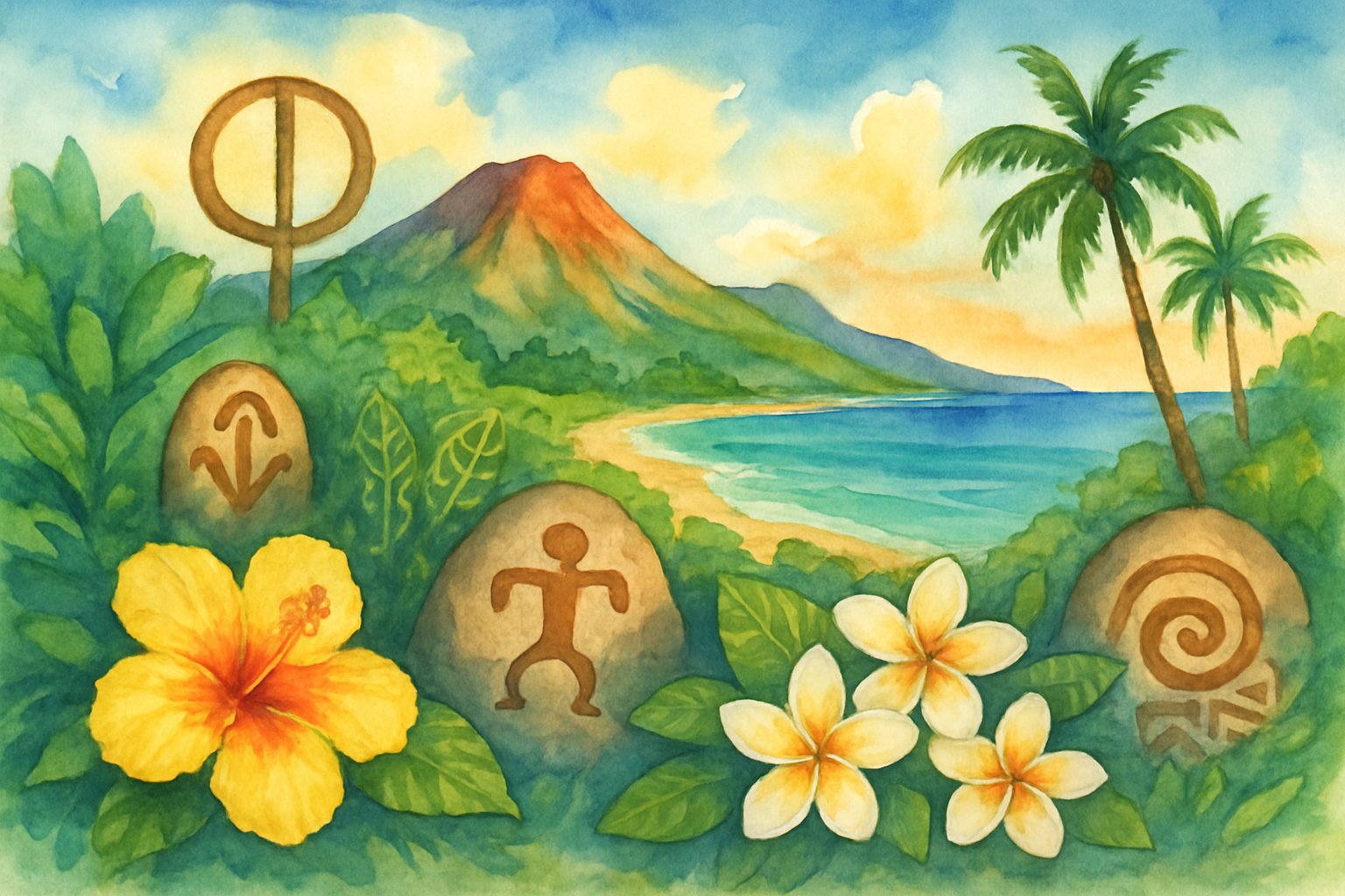 A colorful Hawaiian landscape with mountains, palm trees, ocean, and native plants, featuring traditional Hawaiian cultural symbols integrated into the scenery.