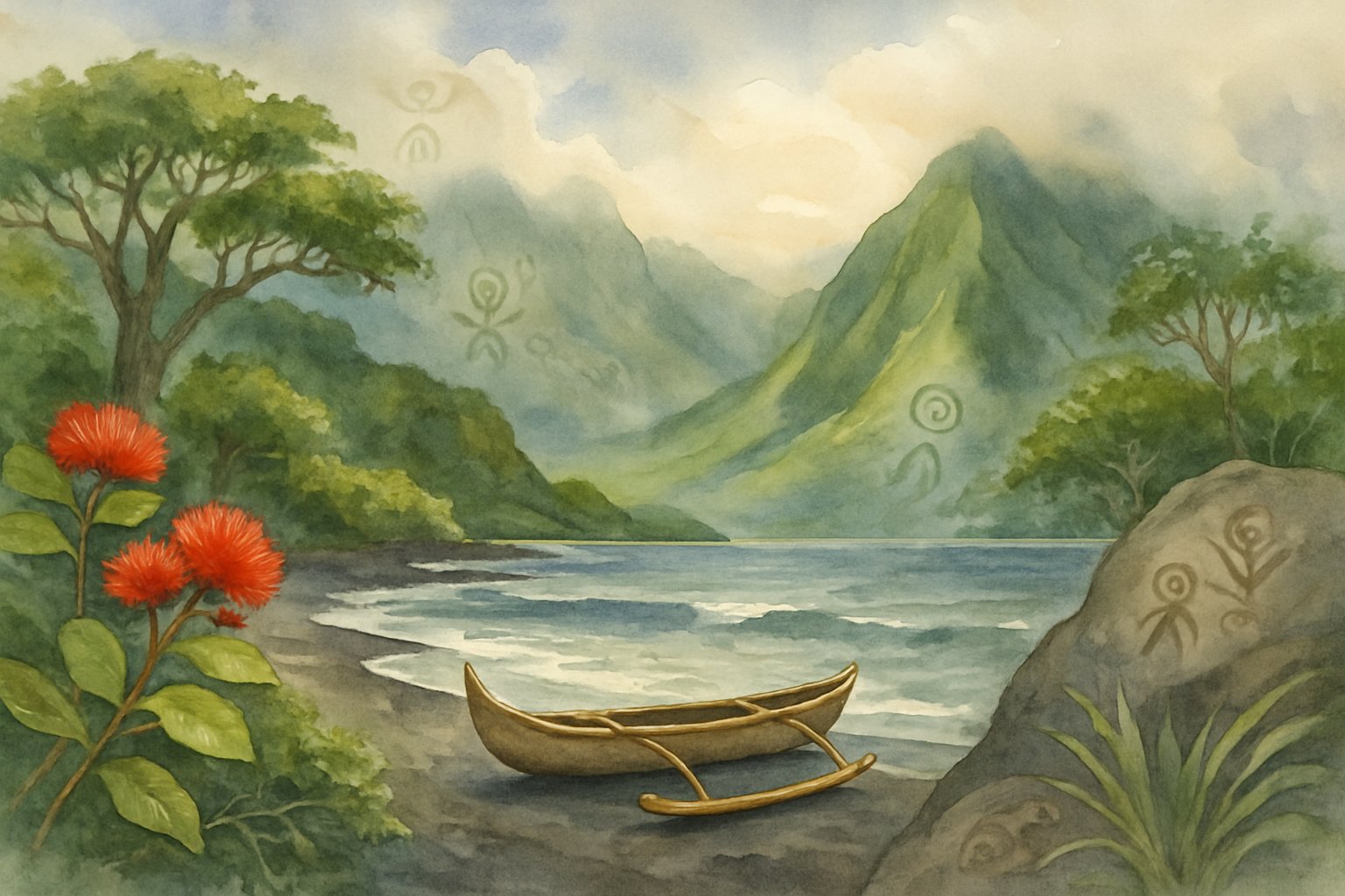 A peaceful Hawaiian coastal landscape with green mountains, black sand beach, native trees, and a traditional canoe by the shore.