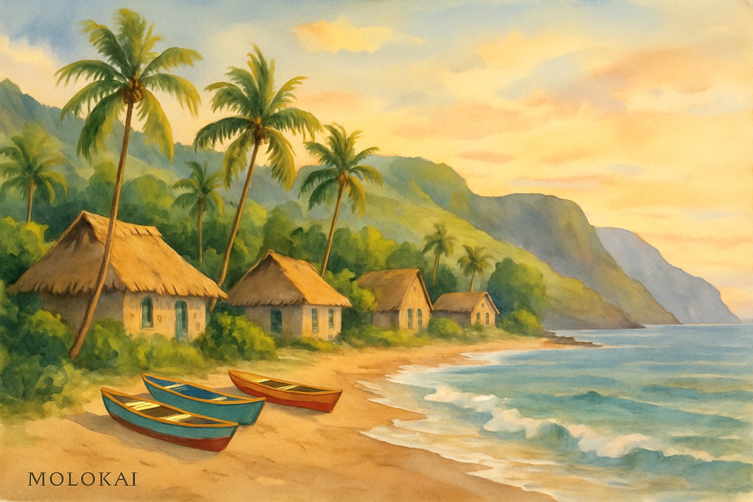 A peaceful coastal village with beachfront cottages, palm trees, boats on the shore, and green hills in the background under a sunrise sky.