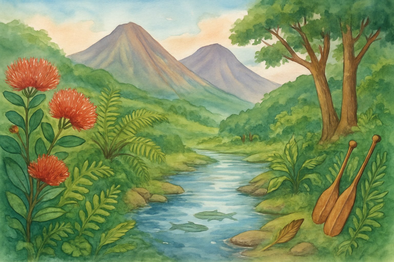 A peaceful Hawaiian valley with native plants, a clear stream, volcanic mountains, and cultural elements like canoe paddles and feathers integrated into the natural landscape.