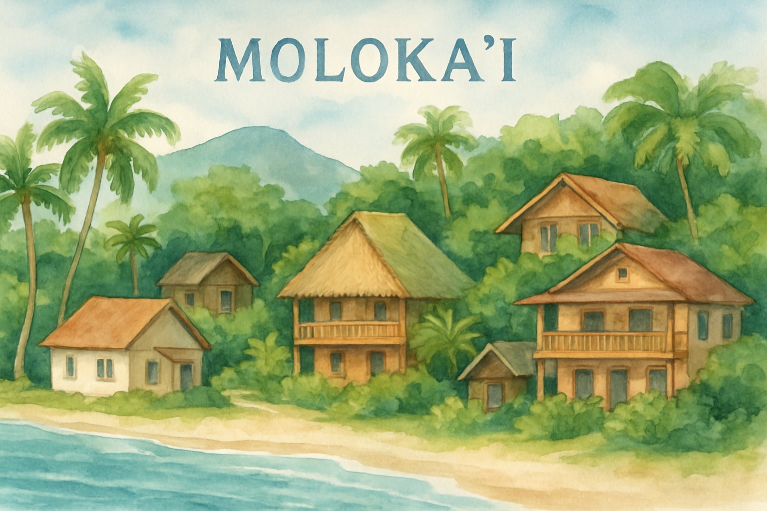 A peaceful coastal village on Molokai with beachfront cottages, palm trees, and mountains in the background.