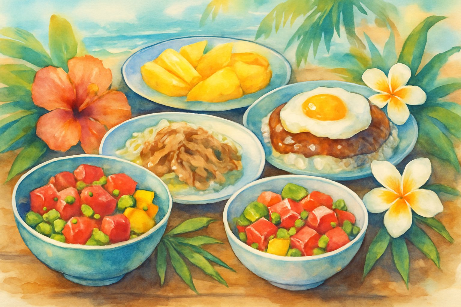 A colorful table filled with various Hawaiian dishes including poke bowls, kalua pork, loco moco, tropical fruits, and surrounded by tropical flowers and palm leaves.